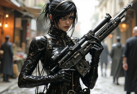 fg A heavily armed cyberpunk girl in the style of Jakub Rozalski. She is an assassin. The girl should have futuristic cybernetic augmentations, wearing sleek, high-tech attire. The setting is a cyberpunk street market. The scene should have a tense, suspenseful aura with a mix of modern technology and traditional elements, reflecting a unique blend of futuristic and historical styles.