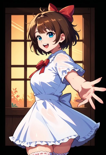 score_9, score_8_up, score_7_up, source anime,
masterpiece, best quality, detailed, amazing quality,
detailed background, bedroom, window, sunset,
detailed eyes, clean eyes,
dynamic pose,
1woman, woman,
easynegative, 
slutty_m3l0dy, pale skin, short hair, blue eyes, dark brown hair, messy hair, curvy, bow, frilly, cute, headbow, ribbon, cute dress, stockings, lace, from the side,
happy,
fake_image_border, border, black border,
beckoning, reaching towards viewer