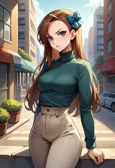 score_9, score_8_up, source_anime, 1girl, solo, KatarinaClaes, long hair, asymmetrical bangs, hair bow, sweater, ribbed sweater, long sleeves, high-waist pants, outdoors, city, <lora:CHAR-KatarinaClaesPonyXL:1>
