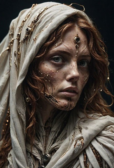 Super Closeup Portrait, Create a DARK dystopian description capturing the essence of a freckled cyborg woman in a close-up photograph, featuring real human DARK white eyes with an intense gaze. The subject has long flowing hair, draped in a ghostly white star wars linen cloak billowing in the wind. The face is a striking fusion of half-cyborg with intricately crafted gold elements and half-human skin, creating a mesmerizing and enigmatic presence. standing at the ocean in bright sunlight, ethereal, sunray, 
very detailed, atmospheric haze, Film grain, cinematic film still, shallow depth of field, highly detailed, high budget, cinemascope, moody, epic, OverallDetail, gorgeous, 2000s vintage RAW photo, photorealistic, candid camera, color graded cinematic, eye catchlights, atmospheric lighting, skin pores, imperfections, natural, shallow dof