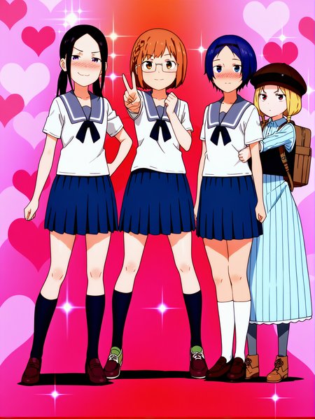 masterpiece, best quality, amazing quality, absurdres, newest, dynamic_angle, defined facial features, heart background, lineup, side-by-side, 
<lora:4in1_Chio_Manana_Yuki_Chiharu_ILv0a:0.8> 
BREAK 4girls,
m@nana n0nomura, blush, sparkle, full body, smug, school uniform, serafuku, black ribbon, blue pleated skirt, brown loafers, black long socks
BREAK 4girls,
chi0 miyam0, glasses, braid, short hair, school uniform, serafuku, black ribbon, blue pleated skirt, green sneakers, v, full body, pose, black long socks,
ADDCOL 4girls,
yuki-h0sokawa, school uniform, serafuku, blush, blue pleated skirt, black ribbon, brown loafers, white long socks,
ADDCOL  4girls,
chih@ru and0, blue vertical striped dress, black vest, brown cabbie hat, brown footwear, gray thighhighs, full body, brown backpack