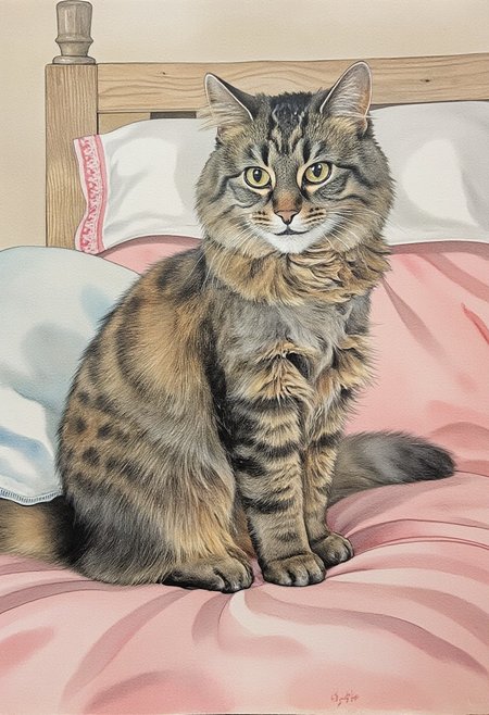 w1z_dreamy_vista style illustration. A retro-inspired illustration of a fluffy, medium-sized cat named Allie with a mottled coat featuring dark brown and black tabby stripes on a bed. The composition is rendered in a soft watercolor style, with delicate shading and warm, saturated hues, emphasizing a playful and nostalgic aesthetic. The fluid brushstrokes and light, airy textures create a sense of intimacy and carefree indulgence.