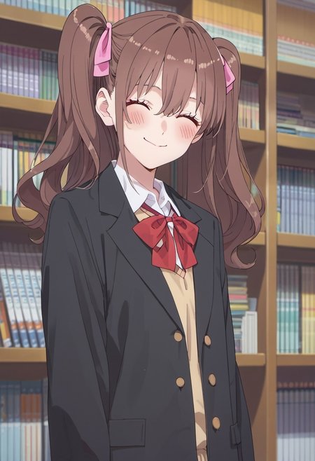 score_9, score_8_up, score_7_up, source_anime, tachibana mikari, long hair, brown hair, pink eyes, 1girl, closed eyes, solo, blush, twintails, ribbon, school uniform, bookshelf, hair ribbon, smile, bow, jacket