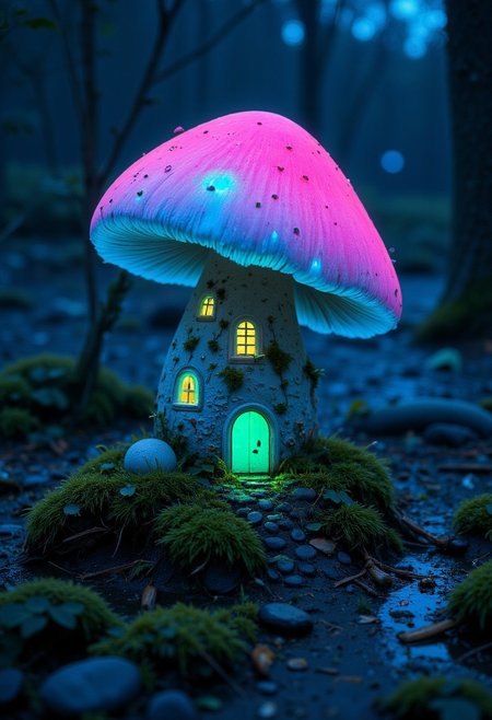 Neon mushroom House By night, standing on a moss overgrown old stone at a pond, with a luminous translucent blueish/pink wet cap and a small way Made of pebbles to the Front door