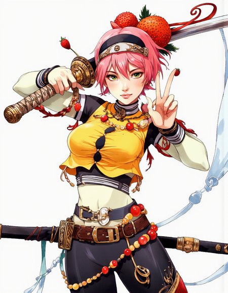 Art by Alessandro Barbucci. A vibrant and colorful digital illustration shoot from a frontal camera angle about a character with a playful and confident pose, holding a katana and striking a peace sign while wearing a yellow and black outfit adorned with fruit-themed accessories and a fruit necklace. on the middle of the image, a woman with pale skin, short pink hair, and green eyes, who appears to be in her early twenties, is standing in a dynamic pose, facing the viewer and looking directly at them with a confident expression. she has a slim body, large breasts, and is wearing a black headband and a yellow top with black accents, along with a black skirt and a black belt with a gold buckle. her hair is styled in a short hair style, and she is wearing earrings. she is holding a large sword in her right hand, which is wrapped around her right arm, and a large, ripe strawberry is placed on her shoulder. the background is a plain white, which helps to focus attention on the character's dynamic pose and vibrant colors.