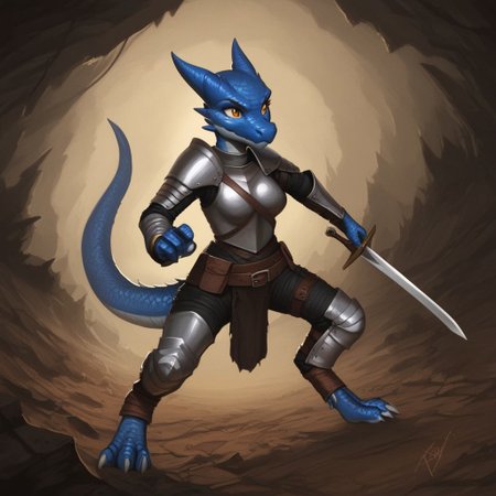 Realistic, 1girl, solo, full body, profile, in a cave, blue Kobold, furry dragon, tail, short stature, short, medium breasts, scales, scaly skin, knight armor,  road sword, leather utility belt, bracelets, anklets, cute face, pale blue skin, fighting stance, worried look on face