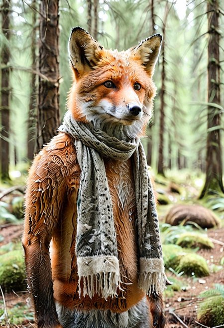 a handsome fox wearing a 1c3_w1n73r scarf thats way too long, 
highly-detailed, hyper-realistic, 8k RAW Editorial Photo. detailed forest background,