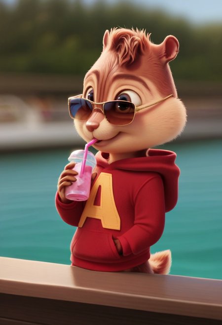 AlvinSeville, furry male, solo, chipmunk, sunglasses, red hoodie, tail, upper body, Realistic, on a yacht, drinking lemonade, pink lemonade, ocean, blue sky, brown eyes