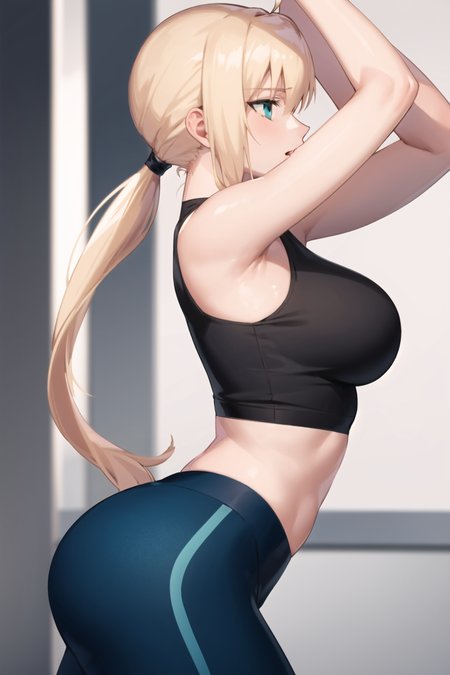 (masterpiece:1.3), best quality, stunning, extremely detailed, from side, <lora:char_ironcatlora1Artoria_v10:0.7>, artoria pendragon \(fate\), wearing tank top with yoga pants, athletic, shiny Skin, ponytail, blonde hair, Teal Eyes, solo, determined, stretching, Electric colors, ambient light