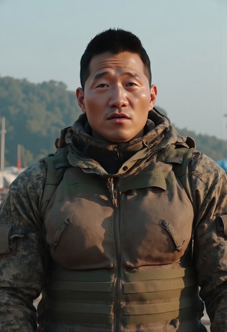 (((The man's face is htkangface and moaning))), (((solo))),  daddy, natural face expression, Photorealistic, realistic, masterpiece, intricate details, detailed background, depth of field, photo of a handsome, dynamic pose, natural face expression, high detail, high quality, Movie Still, Film Still, Cinematic, Cinematic Shot, Cinematic Lighting, ring, (((pectoral))), (((virility))),  4k, highly detailed . 35mm photograph, film, masterpiece, 4k,professional, 4k, highly detailed,  ((big remarkable nipples)), (((covered nipples))), ((huge nipples)),(((sweaty))),  (((the man is standing in the basecamp))),   (((the man is wearing granite B camouflage pettterned military tight jacket and granite B camoflage petterened military uniform and wearing military shirt inside)),  sweaty
