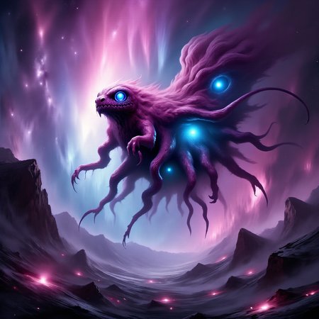 exceptionally creative and highly detailed digital painting in the style of the old masters, highly artistic and aesthetic, intricate, (fractal art:0.6), the "fluffy scudblampf" is a bizarre electromagnetic creature (flying:1.3) gracefully through auroras and shmutzified magnetic fields in the regorbified atmosphere of planet "huge hugo", where it navigates using its own bio-magnetic receptors and feeds on charged particles and coundrilsized gobberbloom in the dense glurbguzzled atmosphere, masterwork, atmospheric lighting, epic and dramatic composition, mystical and fantastical, scenic, quaint, <lora:style-eldritch_digital_painting-flux-by_eldritchadam:0.8> <lora:image_enhancer-flux-by_dever:1.0>