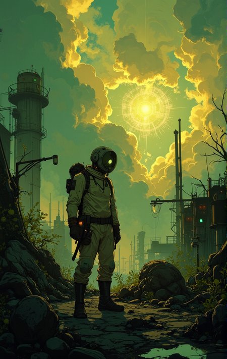 A surreal, dystopian landscape inspired by the works of the Strugatsky brothers. A lone figure, dressed in a worn-out protective suit, stands in the center of a mysterious Zone filled with strange, otherworldly artifacts. The environment is a mix of decaying industrial structures and alien vegetation, glowing faintly with an eerie, bioluminescent light. The sky is overcast, with heavy clouds illuminated by an unseen source, casting a somber, golden-green hue over the scene. In the distance, a shimmering anomaly pulses with unpredictable energy, distorting the air around it. The figure holds a makeshift detector, its flickering screen indicating the presence of danger. The atmosphere is tense, filled with a sense of wonder and foreboding. The style is a blend of realism and surrealism, with muted colors and sharp contrasts, capturing the haunting beauty and existential themes of the Strugatskys' universe.