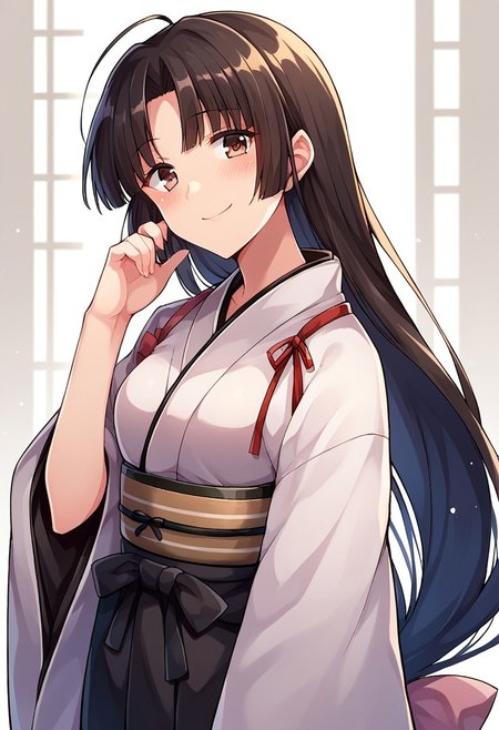 score_9, score_8, score_7, source_anime, shouhou (kancolle), 1girl, solo, looking at viewer, blush, hair ribbon, smile, kimono, japanese clothes