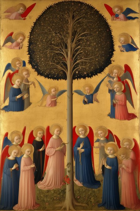 <lora:Simone Martini Style:1>Simone Martini Style - a large painting of a tree, angels and people with a branch, in the style of confessional, gold and crimson, light gold and dark blue, fra angelico, dignified poses, gothic art, precision and detail-oriented