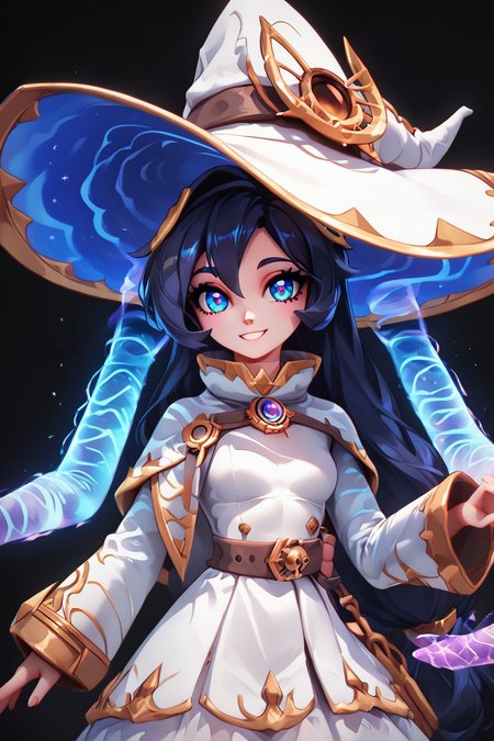 score_9, score_8_up, score_8, medium breasts, (curvy), cute, eyelashes,       BREAK, , ,,,   zzYstra, blue eyes, black hair, long hair,  hat, long sleeves, witch hat, standing, extra arms, black background, dress, blue hair, white dress,  <lora:Ystra_AstralWitch_AlexisPflaum_PDXL:0.8>,  ,,,, BREAK, ,,, upper body, smile, looking at viewer, ,,, shiny skin, <lora:ProAnime_PDXL_v1:0.8>, night, soft shadows, moonlight reflecting off skin, whisper of wind, ,,, embedding:zPDXL, Expressiveh, <lora:SDXLFaeTastic2400:0.5>, <lora:Expressive_H-000001:0.4>,