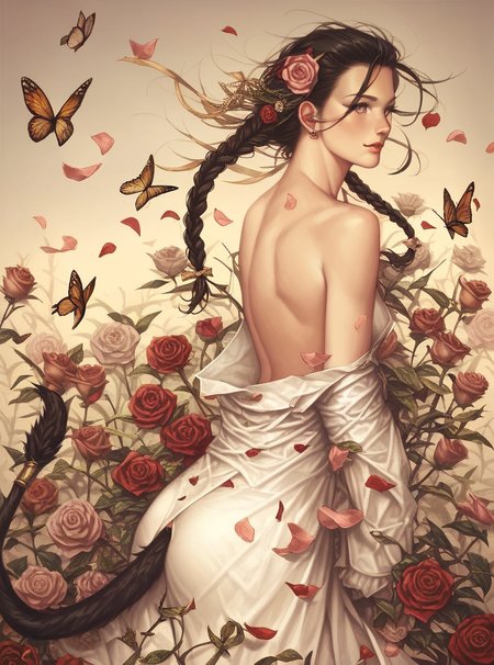 score_9, score_8_up, score_7_up, score_6_up, score_5_up, score_4_up,  source_anime, hud_l_b, <lora:lauri_blank-000009:0.8>, 1girl, Dutch Fishtail Braids, bug, butterfly, rose, petals