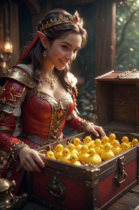 movie still,close up of a female elf d&d adventurer in red leather armor and golden tiara opening a treasure chest with magical glowing rubber duckies inside,joyful,smile, delighted,  16k, digital art, artstation, cinematic lighting, vivid, professional 3d model analog film photo, faded film, desaturated, 35mm photo, grainy, vignette, vintage, Kodachrome, Lomography, stained, highly detailed, found footage . octane render, highly detailed, volumetric, dramatic lighting