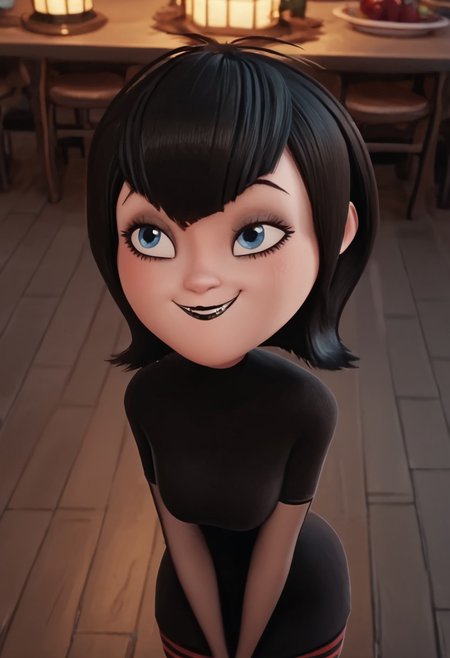 score_9, score_8_up, score_7_up, ultra quality, solo, 1girl, black hair, short hair, blue eyes, fangs, black lips, black nails, black dress, grey elbow gloves, striped pantyhose, red sneakers, smug smile, hips focus, breasts, big hips, big butt, bubble butt, curvy, narrow waist, standing, looking to the viewer, view from above, close up, screencap