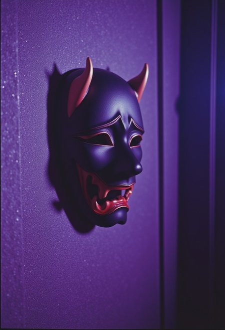 ArsMovieStill, movie still from a 1970s horror movie Studio cursed kitsune mask in a Japanese grave shrine purple cyan miasma