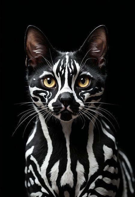 Hyperrealistic close-up portrait of a domestic shorthair cat with striking, artificially painted geometric patterns. The cat's face and upper body are covered in bold, precise white stripes and shapes against its natural black fur, creating a mesmerizing optical illusion. The pattern features straight lines, right angles, and symmetrical designs reminiscent of tribal or futuristic art.
The cat's piercing, almond-shaped eyes stand out against the black and white contrast, conveying a sense of mystery and quiet intensity. Its ears are perked forward, alert and attentive. The cat's small, pink nose is perfectly centered, providing a subtle touch of color amidst the monochrome design.
Shot against a pure black background, the lighting is dramatic and high-contrast, emphasizing the stark black and white patterns. The illumination highlights the sleek texture of the cat's short fur and the reflective quality of its eyes.
Every detail is captured with precision: individual whiskers, the subtle variations in the cat's skin texture, and the crisp edges of the painted patterns. The image is composed as a head and shoulder shot, filling the frame with the feline's uniquely adorned face and upper body.
The overall effect is a striking blend of feline grace and artificial design, creating an image that is both elegant and surreal, captured with the clarity and depth of a high-end fashion or wildlife photograph. The cat's inherent air of mystery is amplified by the enigmatic geometric patterns, resulting in a visually arresting portrait.