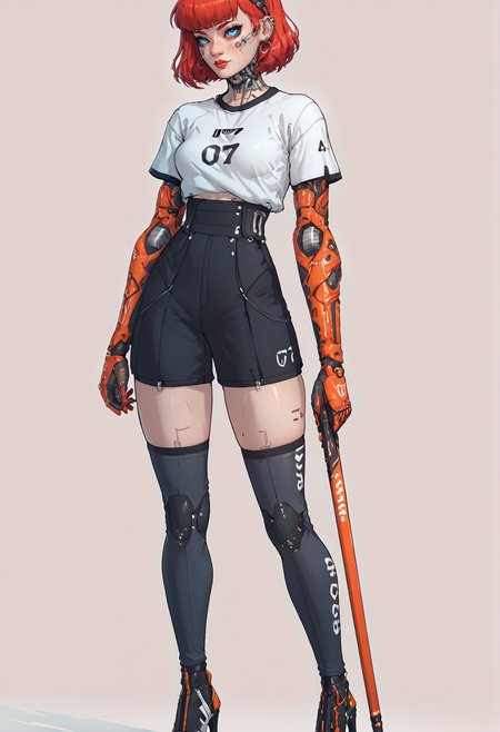 score_9,score_8_up,score_7_up,score_6_up,score_5_up,score_4_up,1 girl,solo,female focus,looking at the spectator,(5'5" 115 lbs, 34C, athletic build, toned legs, small waist, perky breasts, drop-shaped breasts, symmetrical breasts, bright smile, piercing blue eyes, Page Red hair color, petite nose, golden skin:1.3),(Oversized t-shirt in burnt orange with black geometric print, black fishnet stockings, high heels and platforms in glossy black patent leather, intricate lace-up design on the heels, t-shirt made of soft, premium fabric, stockings with reinforced toes for durability, edgy and modern, combining bold graphics with sleek elements, perfect for a standout urban look.:1.3),(plain contrasting background:1.3),(full-length:1.5),hands,Perfect hand,Perfect feet,Perfect eyes,cyb0rg,science fiction,cable,mechanical parts,<lora:feet v3:1>,<lora:hand 4:1>,<lora:PerfectEyesXL:1>,zPDXL2,zPDXLpg,<lora:cyb0rgXLP:0.8>,<lora:add-detail-xl:1>,<lora:DP-Pony:1>,p33rs,<lora:incase-ilff-v3-4:0.2>,