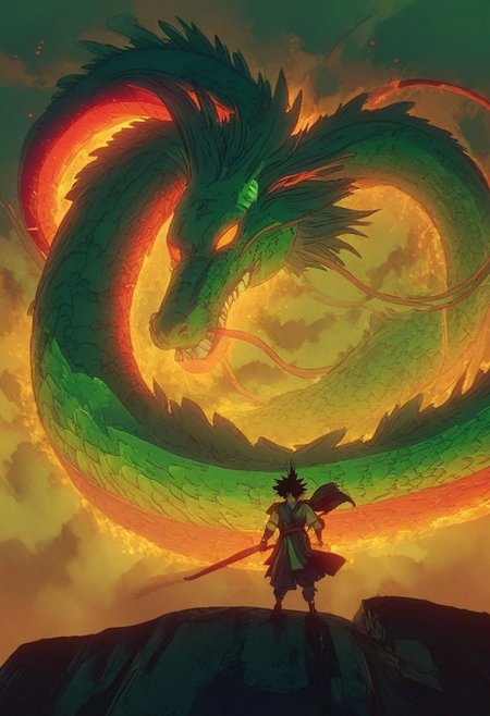 Bosstyle, Silhouette of Son Goku summoning a giant green Dragon: Capture the essence of nostalgia and color in this animated illustration. Dominating the scene is a meticulously detailed, translucent green scaled chinese dragon with burning red eyes, adorned with vibrant patterns, blending seamlessly with its surroundings. Its long tail, composed of intricately woven ribbons in a spectrum of colors, trails behind, adding to the spectacle of the moment. Amidst the quietude of the night, its presence exudes a sense of ancestral strength and resilience. Behind it, the low-toned hues of the Milky Way cast a mesmerizing backdrop, a cosmic tapestry weaving tales of both past and future. Dark ominous clouds gather above. In this moment, the convergence of tradition and magic, of ancient wisdom and magical prowess, hangs palpably in the air., atmospheric haze, Film grain, cinematic film still, shallow depth of field, highly detailed, high budget, cinemascope, moody, epic, OverallDetail, 2000s vintage RAW photo, photorealistic, candid camera, color graded cinematic, eye catchlights, atmospheric lighting, imperfections, natural, shallow dof