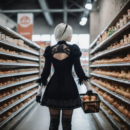cinematic photo a woman in a black outfit dress, grocery shopping <lora:2B_Nier_Automata_1024:0.8> . 35mm photograph, film, bokeh, professional, 4k, highly detailed