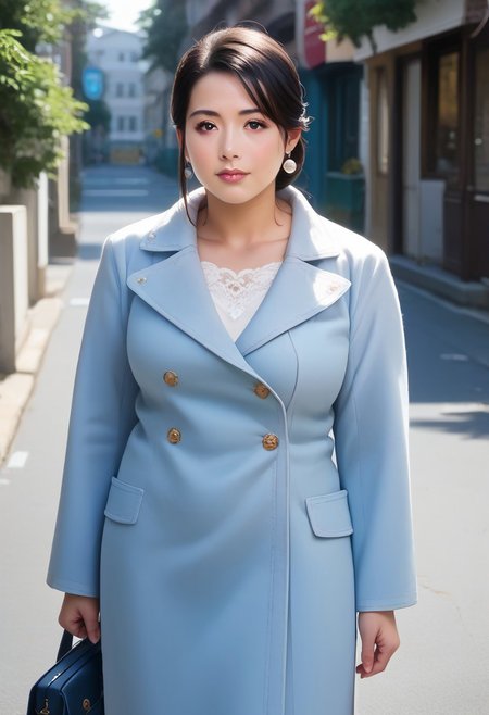 score_9, score_8_up, score_7_up, 35mm photography, highly detailed, sharp focus, source_anime, 1milf,mature and plump asia housewife, solo，(light blue long coat),Bare knees ,low updo, black hair,(beautiful face), beautiful eyes,eye-shadow,Long eyelashes， perfect cute face, plump face,Round cheeks, dignified，mild ，Long legged，sole，standing,  (satchel)， Street，tree，