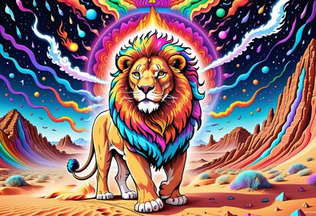 A huge incredible lion is walking along the colorful psychedelic dunes of ((desert)). the lion's mane shimmers with all the colors of the rainbow. it feels like a lion is burning with a multicolored flame. background:  ((black night)) with rare large stars. the inscription on the picture: "Graógramán", addotional tail