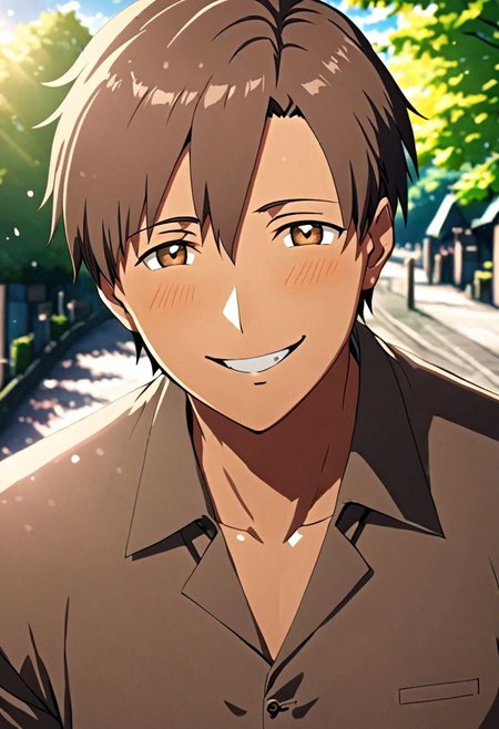 high resolution, solo, best quality, 1Boy, Takaki Toono, Brownish Hair, Brown Eyes, Looking at viewer, happiness, depth of field, half body, outdoor, OverallDetail