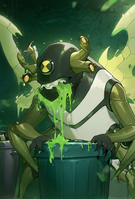 <lora:stinkfly-07:1> stinkfly, solo, no humans, monster, bug, yellow insect wings, pokemon (creature),black gloves, green arms , sharp teeth, arthropod legs, 4 legs,  antennae, tail  <lora:WSSKX_WAI:1>, upper body, vomiting, trash can, green vomit, mucus,, masterpiece, best quality, amazing quality, very aesthetic, absurdres, newest,