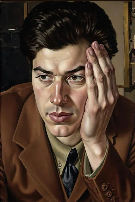 sspencer1 painting.
A painting, featuring a young man with a contemplative expression. He is depicted with his head slightly tilted, with his hand cupped around his face. The man has dark, slicked-back hair and a prominent nose.
 <lora:sspencer1_cap_d6a3:1.0><lora:832110524738078852:0>