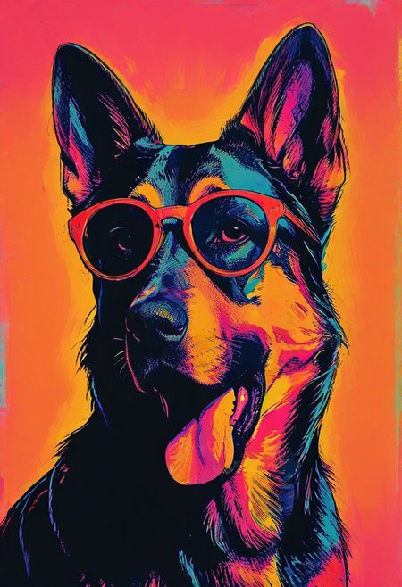 impactful color paint of, a german shepherd dog wearing dark sunglasses, highly detailed, vibrant colors , 8k, sharp, professional, clear, high contrast, high saturated, , vivid deep blacks, crystal clear