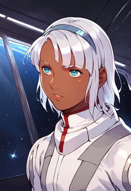 by laserflip, score_9, score_8_up, score_7_up, 1boy, femboy, loran, loran cehack, loran gundam, dark skin, white hair, blue eyes, white hairband, white bodysuit, futuristic bodysuit, space, space station, dynamic angle, solo, solo focus,