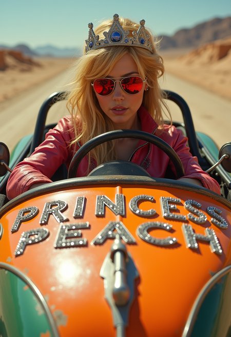Detailed, masterpiece, professional, bold colors, awe inspiring, photography inspired by Jeremy Mann, 30mm shot, action scene, HDR, Princess Peach racing in dune buggy, realistic, gritty, cinematic, dystopian, realistic skin texture, real life,, "PRINCESS PEACH" writen on hood of car, bejeweled writing, wearing road leathers, driving