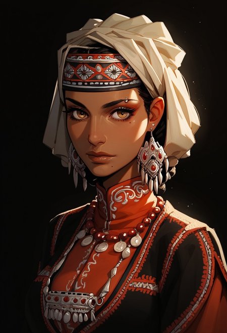 score_9, score_8_up, score_8_up, 1 kazakh girl, dark-skinned girl, amir halgal, otoyomegatari, 1girl, black hair, braid, single braid, brown eyes, dress, bead necklace, beads, coin (ornament), headscarf, jewelry, traditional clothes, kazakh clothes, 4M1RH4LG4LV1, piercings, choker, portrait, ((streetwear)), average tits, teardrop shaped tits, fit body, thin waists, beautiful, night neon lighting, negative_hand, g0thicPXL, GTA