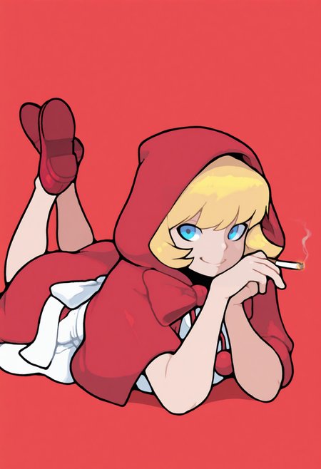 masterpiece, best quality, solo, 1girl, smile, looking at viewer, <lora:adnyc_n11:1>, simple background, <lora:Bbhood-illus_Fp:1>, bbhood, short hair, blonde hair, blue eyes, hood, capelet, red dress, bow, white apron, pom pom \(clothes\), hood up, red footwear,  on stomach, the pose, smoking,