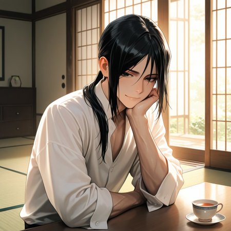 masterpiece, best quality, amazing quality, absurdres, newest, detailed background, definition so sharp, Ultra-HD, 8K cinematic, very awa, impressionate, amazing quality, highres, 
solo, male focus, manly, 
kurohyatogami, kuroh_black hair, kuroh_black eyes, 1boy, low tied hair, long hair, 
thoughtful expression, slight smile, tea cup, traditional tatami room, sunlight through shoji, calm, wise, caring, cool, inviting atmosphere, warm, against table