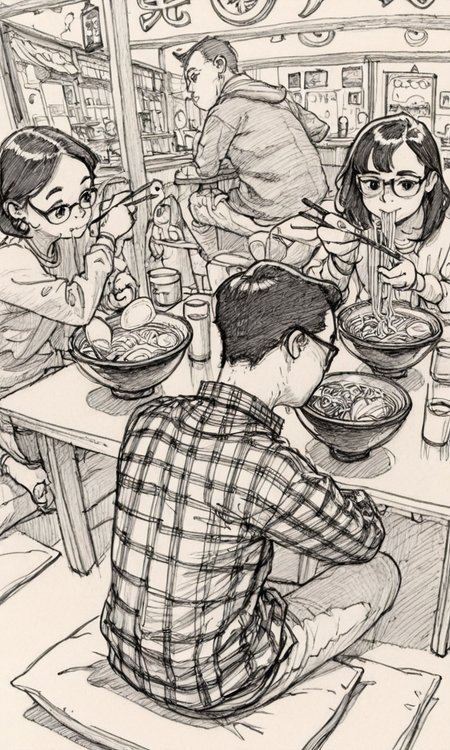 kimjunggistyle, dynamic perspective, detailed ink drawing, short hair, multiple girls, sitting, monochrome, multiple boys, food, glasses, hood, 3girls, cup, sketch, plaid, hoodie, eating, traditional media, table, bowl, chopsticks, graphite (medium), holding chopsticks, cushion, plaid shirt, noodles, ramen, restaurant, black and white sketch, masterpiece, best quality, amazing quality
