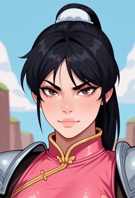 (Portrait, face, looking_at_viewer,  weird, hating:1.5)  simpmasterpiece,,  best quality, amazing quality, highres, absurdres, very aesthetic, high resolution, ultra detailed, perfect details, outdoor, sky, reayon1, 1girl, solo,  white socks, chinese shoes, brown shoes, armor, gloves, black hair, ponytail, pants
