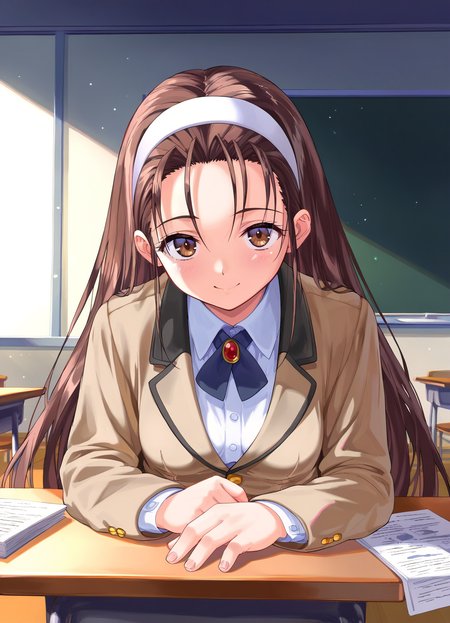 score_9, score_8_up, score_7_up, masterpiece, best quality, absurdres, official art, official style, anime screencap, megami magazine, zPDXL2, zPDXLxxx, <lora:Itsuki Haruka (Escalation -Hard Core-) Pony v1_epoch_10:0.7>, 1girl, solo focus, itsuki_haruka, large breasts, BREAK, tareme, brown eyes, BREAK, black hair, brown hair, long hair, bangs, sidelocks, forehead, BREAK, white hairband, hairband, BREAK, school uniform, blazer, brown jacket, long sleeves, buttons, BREAK, white shirt, BREAK, miniskirt, pleated skirt, black skirt, BREAK, white legwear, BREAK, loafers, BREAK, <lora:neg4all_bdsqlsz_xl_V91:1.0> <lora:ALTXL_pony_0061_8:2.0>, <lora:detailed_hands-000002:1>, hand cowboy shot, looking at viewer, smile, (open mouth:0.5), classroom, sitting_on_desk, morning, dim lighting, light particles, (on stomach:1.2), (pov:1.2)