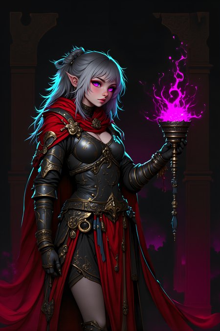 ffdac,A painting of alabaster skin. Her pointed ears peek through the strands of her hair as she gazes intently at a floating, glowing crystal orb encased in dark, ethereal flames. Sheâs in a shadowy corner of a massive, ancient webway gate, the intricate runes on the walls pulsing with faint light. Her armor is an ornate mix of silver and dark red, with spiked pauldrons that seem to absorb the surrounding shadows. A strange, crimson veil covers the lower half of her face, fluttering in an invisible wind. The orb emits an eerie hum, and her gloved hand reaches out, the fingertips brushing against its surface. The air around her shimmers with psychic energy, and the dark flames of the orb seem to react, spiraling outward like tendrils of darkness. Her piercing, violet eyes reflect the ominous glow of the orb, filled with both awe and determination. (high-resolution, dynamic, energetic, dramatic lighting, shallow depth of field.), detailmaximizer<lora:detailed_flux_ntc:2.2><lora:aidmaImageUpgrader-FLUX-V0.1:0.65><lora:Dark_and_Colorful_FLUX_OT>