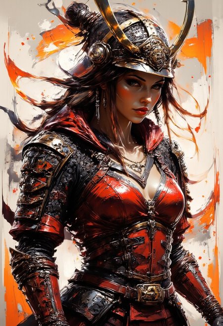Silhouette Art, breathtaking detailed, masterpiece, awe-inspiring, radiant, magnificent. (all dark hues and fine vibrant orange glowing smoldering accent and shiny silver color scheme:1.02). glossy. stunning oriental woman, long hair, samurai helment, red leather samurai armour