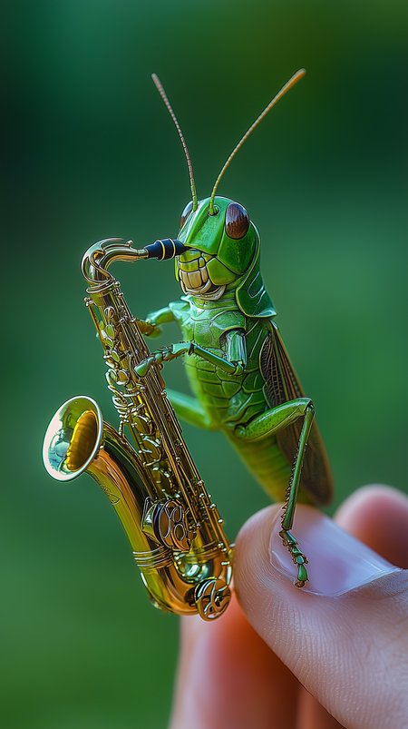 An ultra-realistic photograph of a green grasshopper standing on a human hand, holding a tiny saxophone in its mouth. The grasshopper's body is detailed with vibrant green hues, intricate wings, and antennae. The saxophone is gripped delicately by the grasshopper’s mouth, as it appears to be playing. The hand is textured with visible skin pores and slight wrinkles, carefully supporting the grasshopper. The background is softly blurred to draw attention to the subject, with natural, soft lighting enhancing the scene. Captured with a macro lens for high detail, shallow depth of field, high-definition quality


