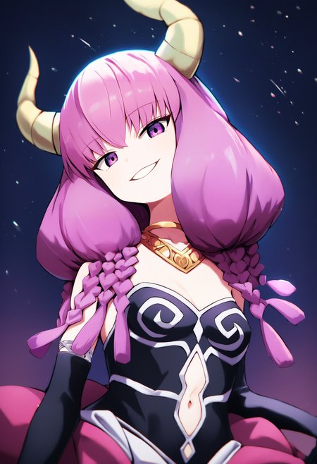 aura \(sousou no frieren\), 1girl, elbow gloves, solo, clothing cutout, black gloves, looking at viewer, demon girl, braid, navel cutout, demon horns, purple eyes, long hair, multiple braids, gold necklace, dress, jewelry, bare shoulders, pink hair, purple hair, low-braided long hair, necklace, night, low-tied long hair, evil smile, small breasts, upper body, ,<lora:fantasy_superlora_v1:1> source_anime, score_9, score_8_up, score_7_up, score_6_up, absurdres, masterpiece, best quality, very aesthetic