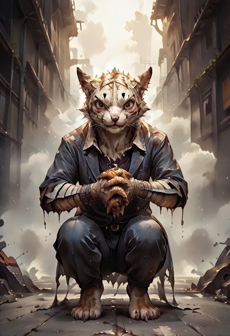 (((Barefoot furry character, full body, cinematic setting, furry male, plantigrade)))
The Beast is back, the (((Beast In Black))) 
The Beast is back, the Beast In Black 
Tormented and wounded, 
branded and persecuted 
Torn inside out yet here I stand 
Fierce anger, blind madness, 
invoke the Beast of Darkness 
No mercy 'cause they all must die 
Like a hellraiser, monster of rage 
Unleash the fury through your (((sword of hate))) 
Destroy and murder, retaliate 
Harness the power of the Beast In Black 
BREAK, intricate details, highly detailed, extreme detail, octane render, fine art, best quality, highres, (detailed face:1.5), ((full_body)), UHD, (((perfect hands))), low light, anime