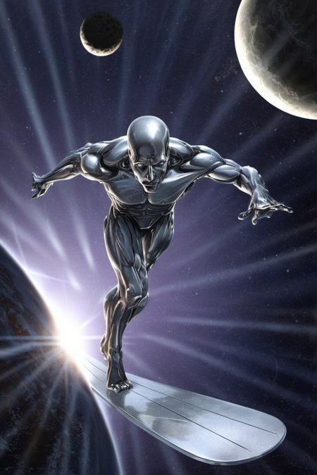 a silver sufer surfs in space, blackhole swallowing the earth in the background <lora:SilverSurfer1024:0.8>