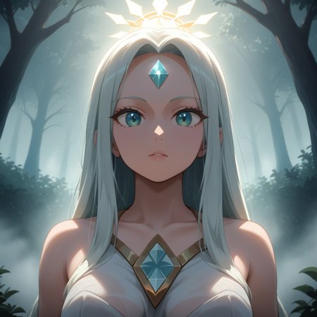 ((heavenly), holy, divine), fog, natural lighting, tree, 1girl, xeldorite, mint diamond forehead marking