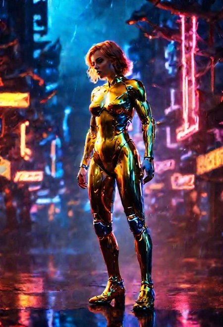 young woman standing on a futuristic street, (raining:2.0), car lights can be seen in the background, super sexy mechanical leotard, midriff, beautiful ass, surrounded by neon colors, 3/4 turned to side,  <lora:sdxl_lightning_8step_lora:1>,   (photorealistic:1.2), (intricate and beautiful:1.8), interesting setting:2, cute fit 18 year old, girl, young, giant breasts, facing side, (masterpiece, best quality, highres:1.2),  <lora:CyborgCosplay_SDXL:1> , CyborgCosplay, mechanical arms, mechanical legs, head gear,  futuristic, technological, cybernetic enhancements, Cosmic light in backfront, omnipotent, color graded cinematic, backlight:2, hair light:2,   <lora:SDXLFaeTastic2400:0.35> ,  vibrant whimsical colors, whimsical fantasy,  cinematic composition:2,  <lora:great_lighting:3> , great lighting,