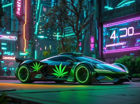 masterpiece,high quality,
420futurism,    <lora:420FuturismXL:0.8>
car, no humans, ground vehicle, , motor vehicle, scenery, outdoors, building, vehicle focus, night, tree, "420" text,futuristic,cyberpunk.neon light